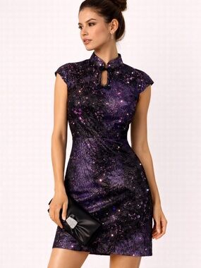 Y2K Asiatic Brocade Mini Dress Mandarin Collar Statement textured Sparkles S